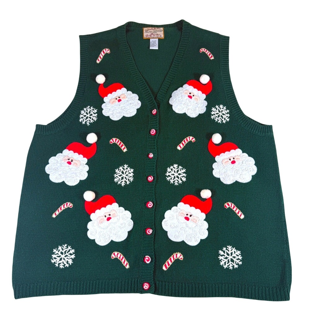 Heirloom Collectibles Women's Vintage Christmas Sweater Vest 26 28 Green Santa